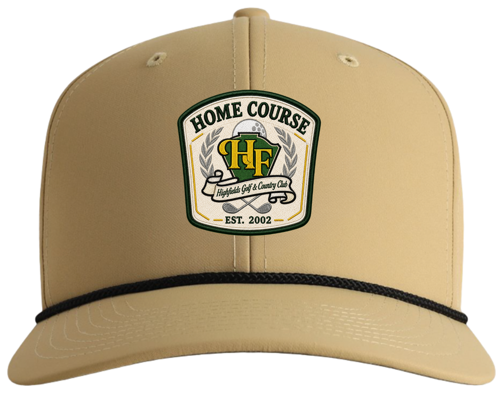 Concept structured performance hat with a course-specific front patch