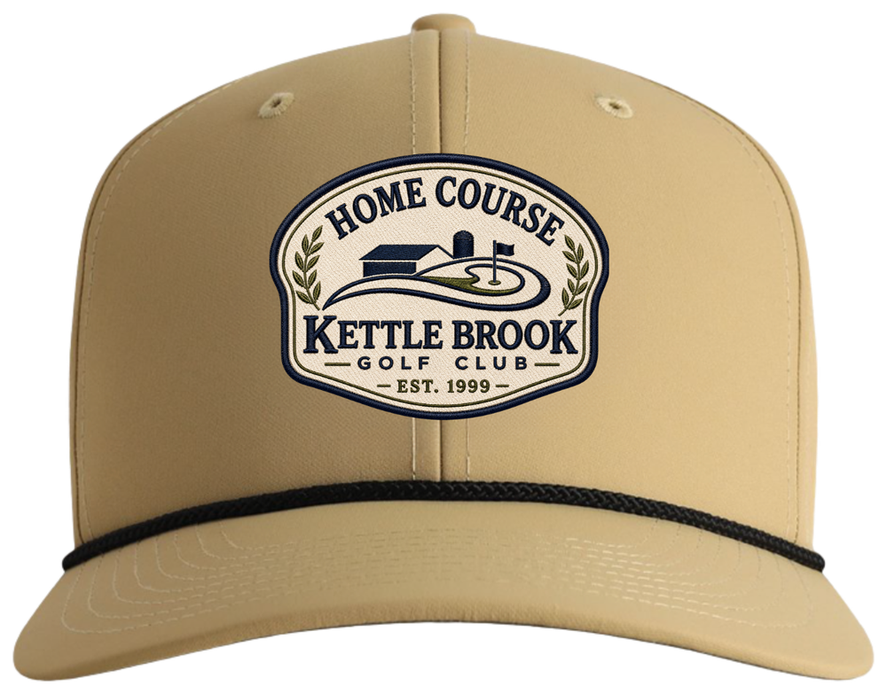 Concept rope hat with a course-specific embroidered front patch